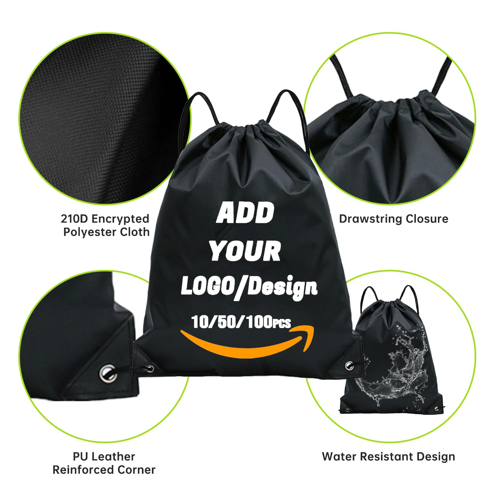 Custom Drawstring Backpack 10/50/100/200 Pcs Personalized Bulk Sport Draw String Bags with Logo, Text, Design, Customized Promotional Items