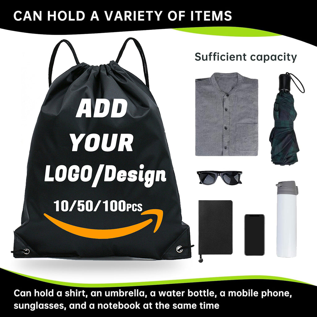 Custom Drawstring Backpack 10/50/100/200 Pcs Personalized Bulk Sport Draw String Bags with Logo, Text, Design, Customized Promotional Items