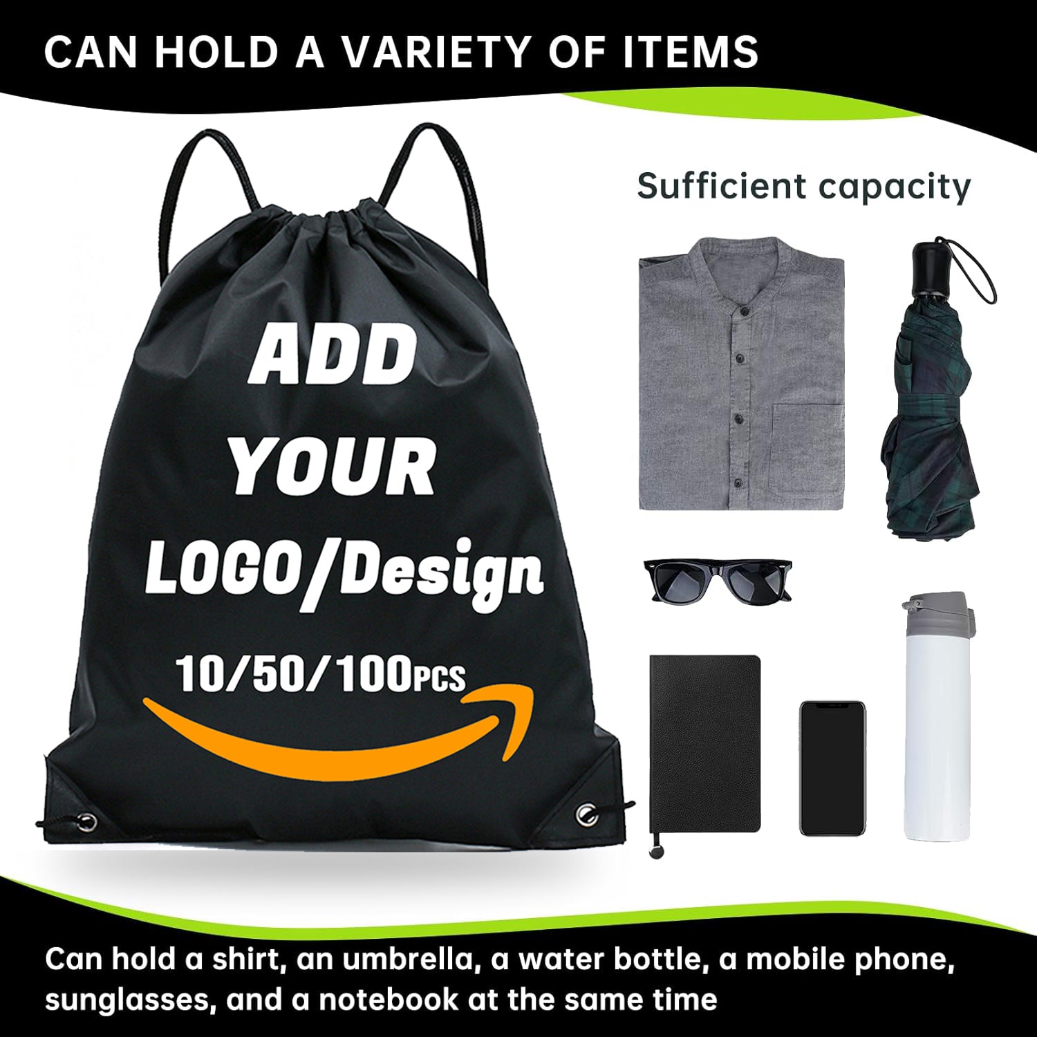 Custom Drawstring Backpack 10/50/100/200 Pcs Personalized Bulk Sport Draw String Bags with Logo, Text, Design, Customized Promotional Items
