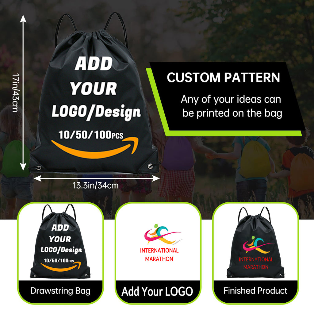 Custom Drawstring Backpack 10/50/100/200 Pcs Personalized Bulk Sport Draw String Bags with Logo, Text, Design, Customized Promotional Items