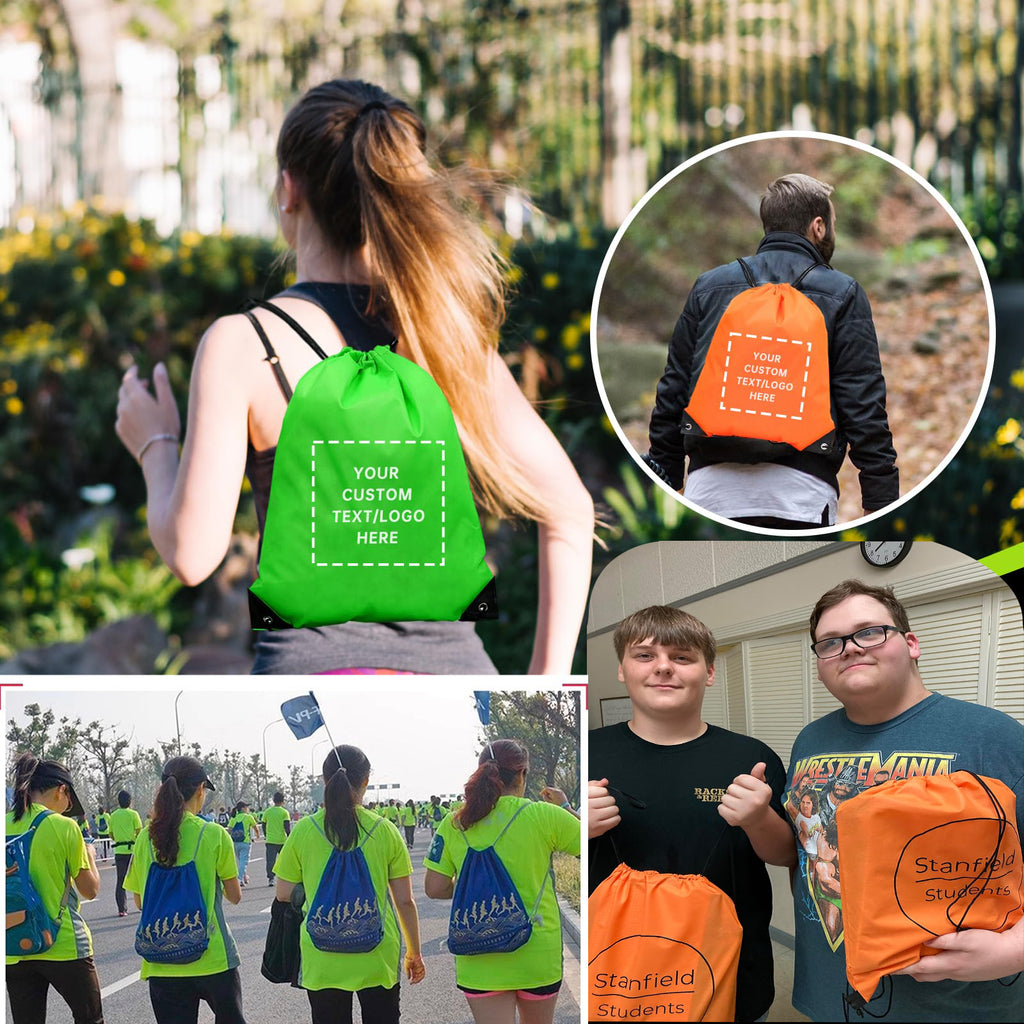 Custom Drawstring Backpack 10/50/100/200 Pcs Personalized Bulk Sport Draw String Bags with Logo, Text, Design, Customized Promotional Items